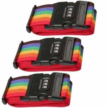 Pakket van 3x stuks kofferriemen / bagageriemen met cijferslot 200 cm regenboog kleuren