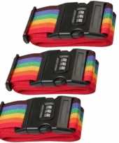 Pakket van 3x stuks kofferriemen bagageriemen met cijferslot 200 cm regenboog kleuren